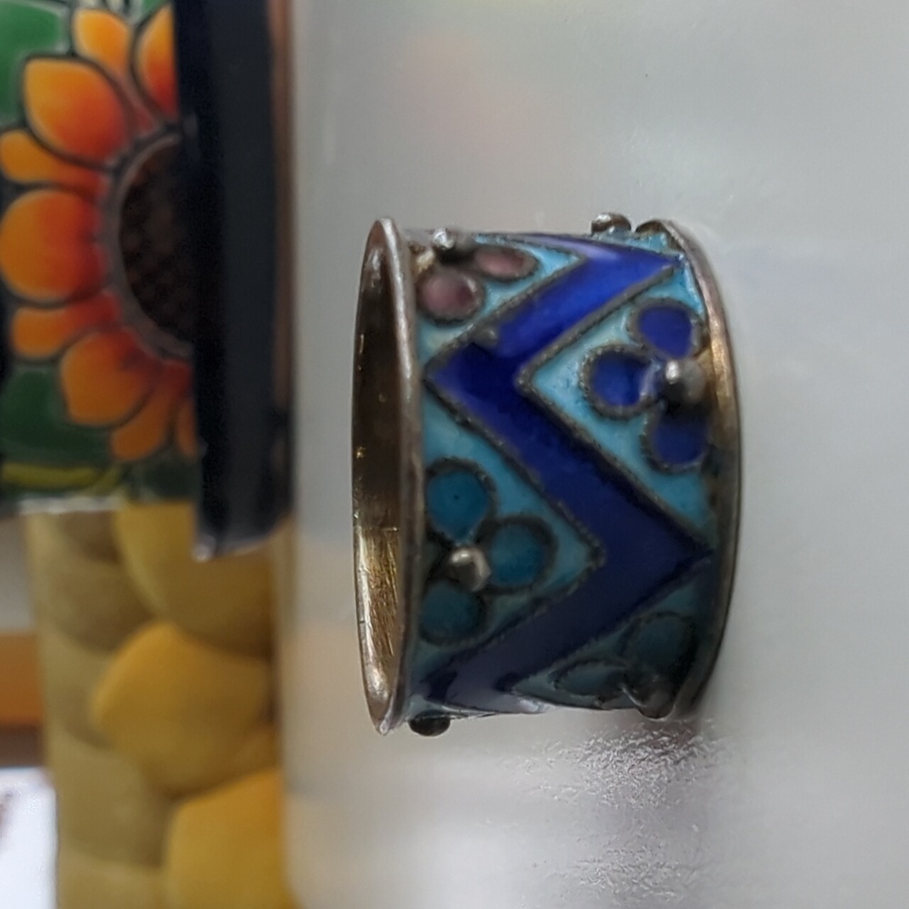 Antique Cloisonne Flower Enamel Silver Ring Size 4